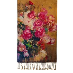 Floral Silk Scarf with Fringe Camel & Pink Solid Plush Back Soft Warm Artsy